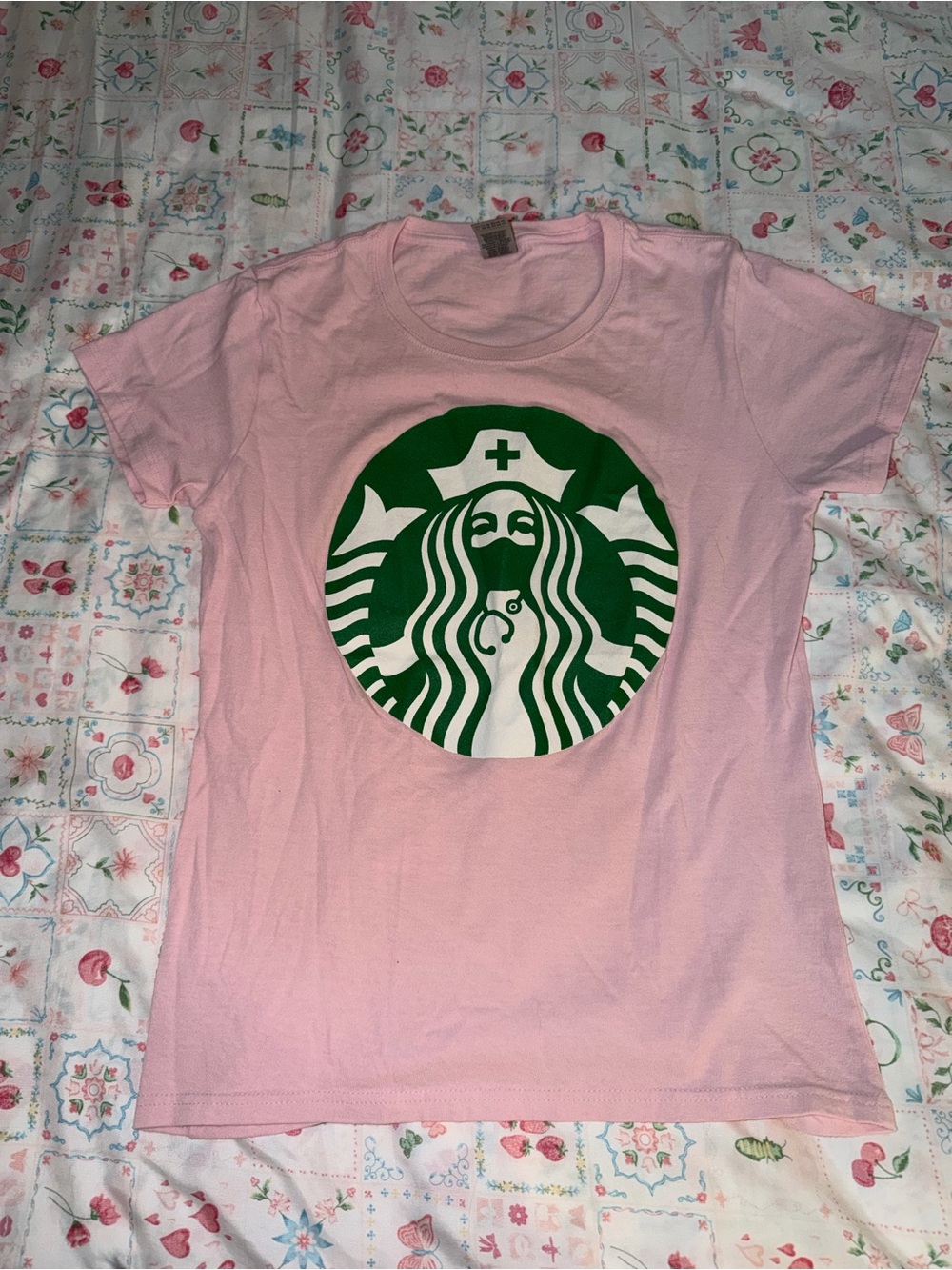 Gildan Pink Short Sleeve Tee with Nurse Starbucks logo